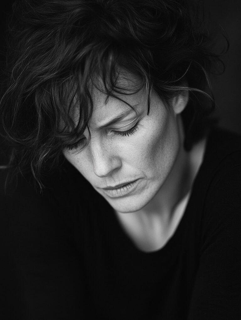 Black and white portrait of person.