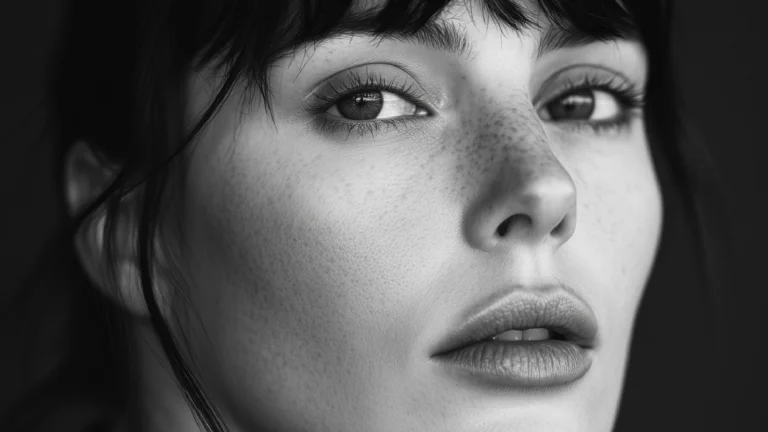 A black-and-white close-up portrait of a woman with freckles, soft lips, and expressive eyes looking slightly past the camera. Strands of hair fall near her face. The image is intimate and contemplative, with a quiet, unsettled mood.
