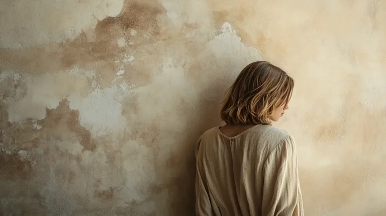 A woman with shoulder-length hair stands turned away from the camera, her light clothing blending softly into a textured beige wall.