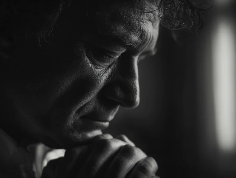 Black and white close-up of a middle-aged man with his head bowed, hands clasped near his face, appearing deep in thought.