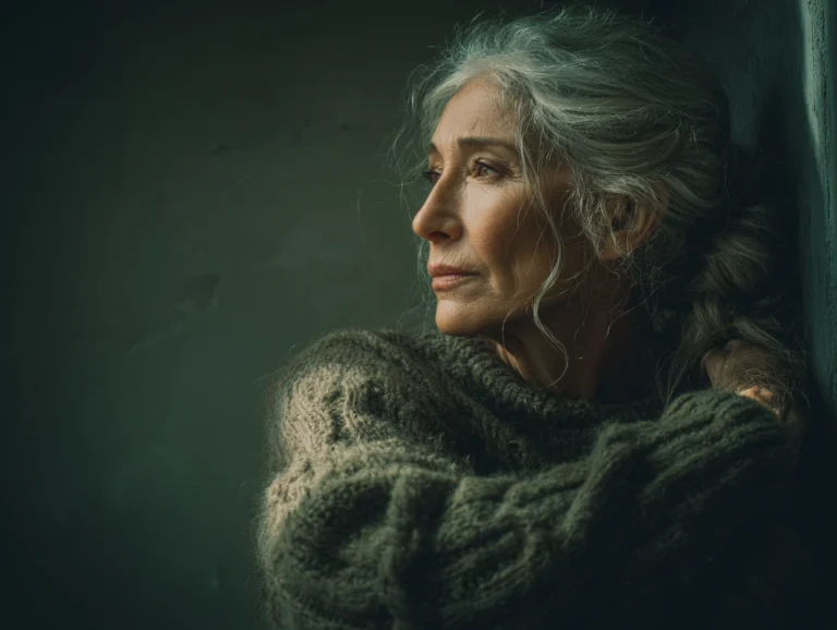 An older woman with grey hair gazes pensively into the distance, wrapped in a dark knit sweater, her expression reflecting quiet grief and contemplation.