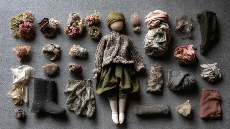 Handmade fabric doll with separated clothing and body parts laid out around it, representing trauma parts and survival responses.