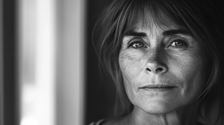 Black and white close-up portrait of a woman with a steady, direct gaze. Her expression is calm and present, neither smiling nor guarded. Lines on her face reflect lived experience. Soft natural light from a window.